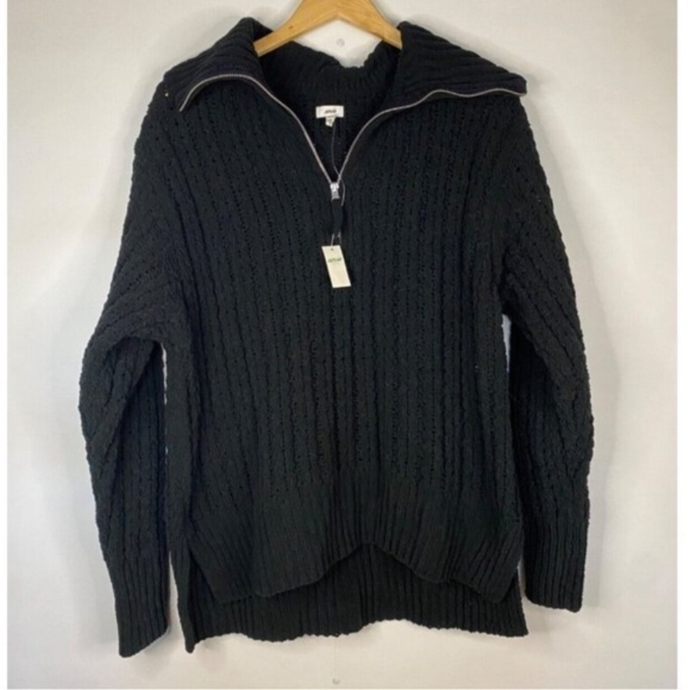 Aerie Cable Car Quarter Zip Sweater NWT Chunky Knit Black